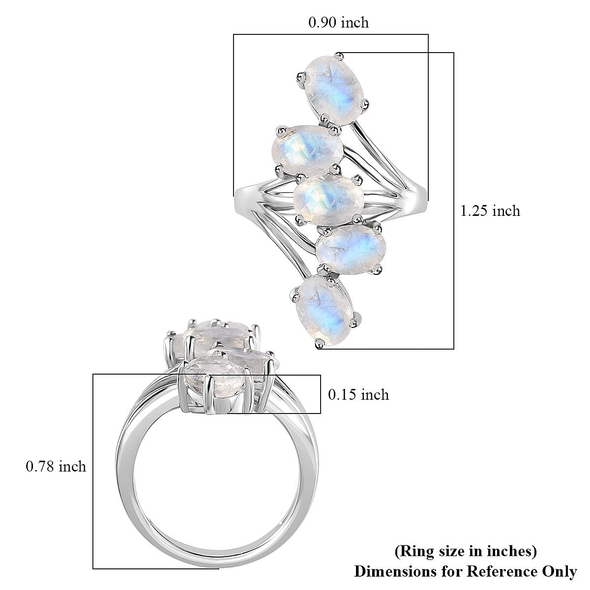 Premium Rainbow Moonstone 5 Stone Ring in Platinum Over Sterling Silver (Size 10.0) 3.85 ctw
