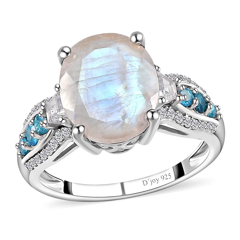Premium Rainbow Moonstone and Multi Gemstone Ring in Platinum Over Sterling Silver (Size 10.0) 5.85 ctw