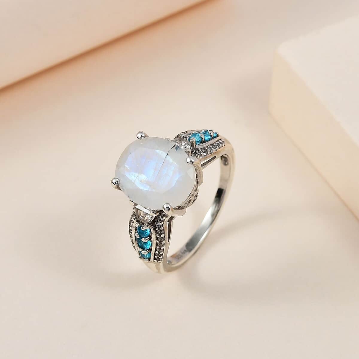 Premium Rainbow Moonstone and Multi Gemstone Ring in Platinum Over Sterling Silver (Size 10.0) 5.85 ctw image number 1