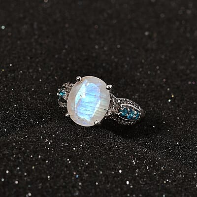 Premium Rainbow Moonstone and Multi Gemstone Ring in Platinum Over Sterling Silver (Size 10.0) 5.85 ctw