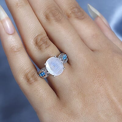Premium Rainbow Moonstone and Multi Gemstone Ring in Platinum Over Sterling Silver (Size 10.0) 5.85 ctw
