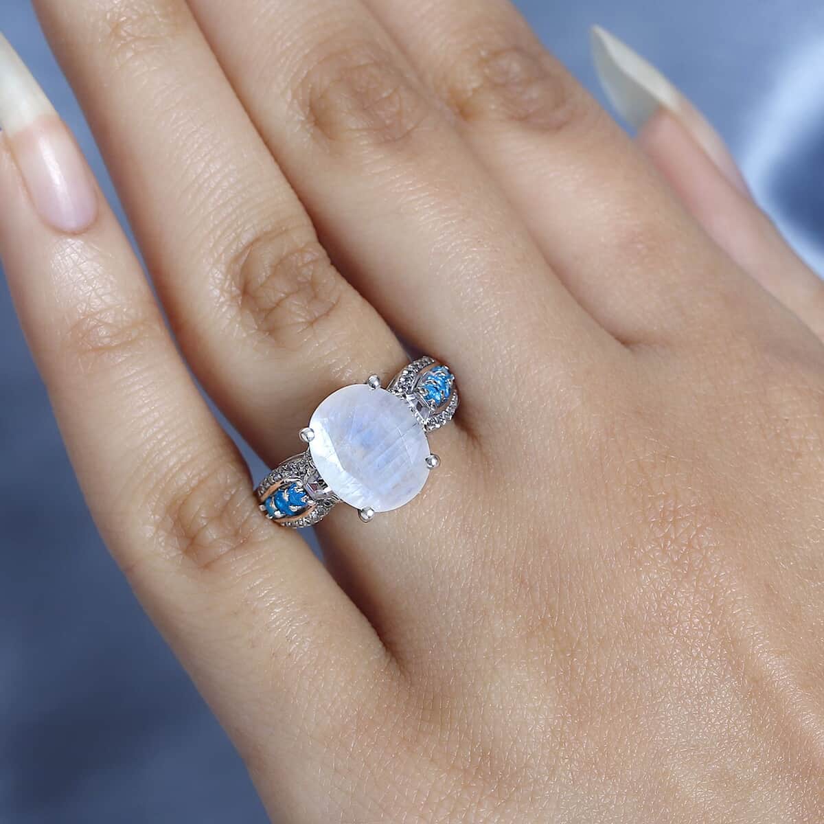 Premium Rainbow Moonstone and Multi Gemstone Ring in Platinum Over Sterling Silver (Size 10.0) 5.85 ctw image number 3