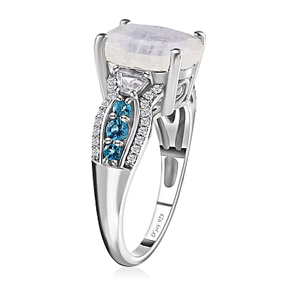 Premium Rainbow Moonstone and Multi Gemstone Ring in Platinum Over Sterling Silver (Size 10.0) 5.85 ctw