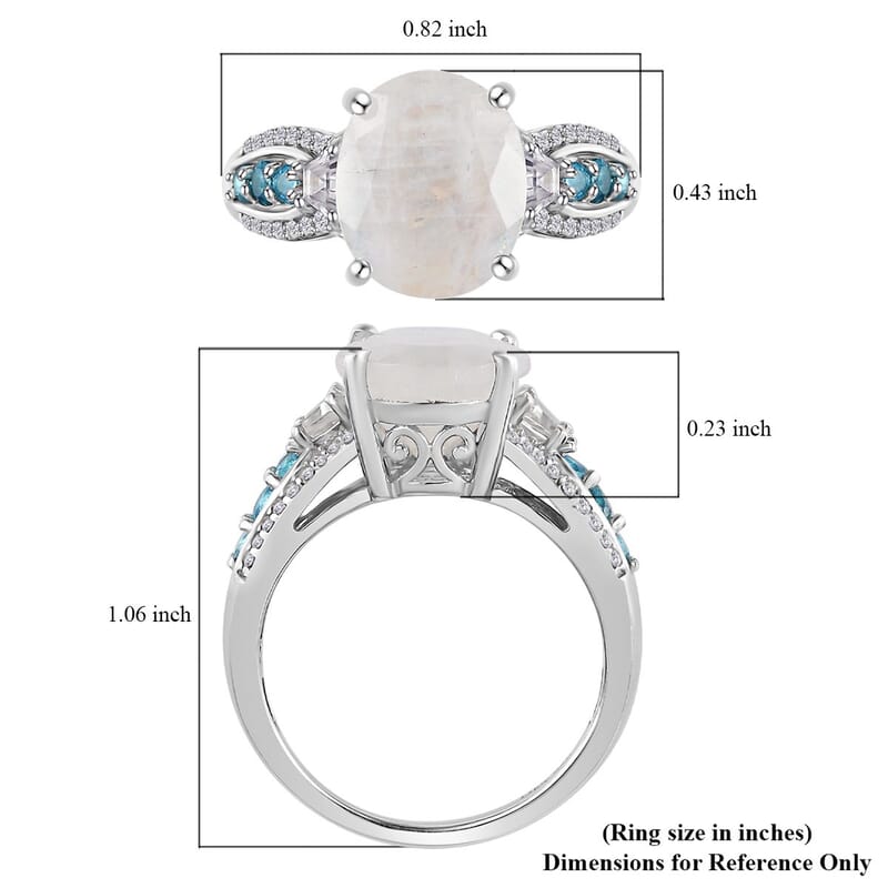 Premium Rainbow Moonstone and Multi Gemstone Ring in Platinum Over Sterling Silver (Size 10.0) 5.85 ctw