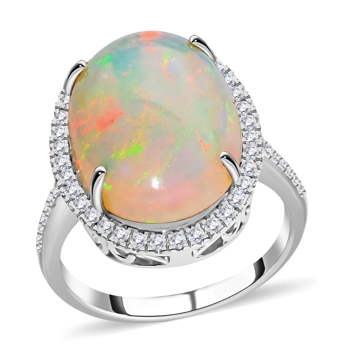 ROMANZA Certified & Appraised ILIANA 18K White Gold AAA Ethiopian Welo Opal and G-H SI Diamond Halo Ring (Size 10.0) (Delivered in 12-15 Business Days) 5.35 Grams 6.50 ctw image number 0