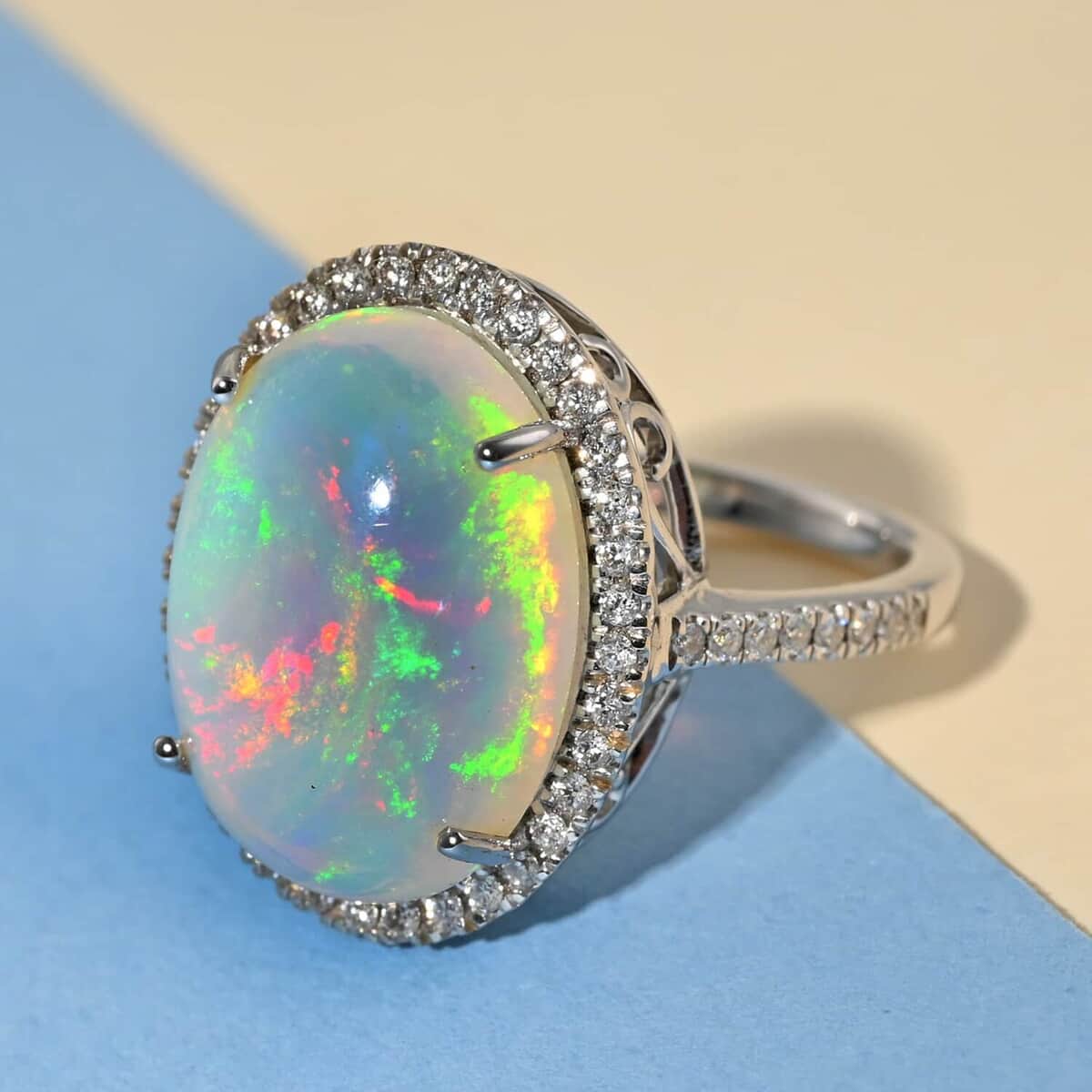 Certified & Appraised Iliana 18K White Gold AAA Ethiopian Welo Opal and G-H SI Diamond Halo Ring (Size 5.0) 5.35 Grams 6.50 ctw image number 1