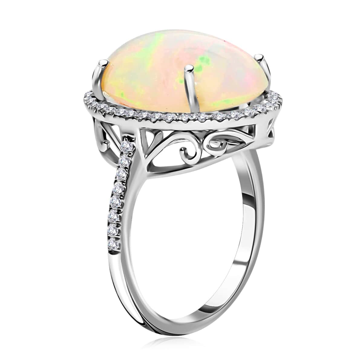 ROMANZA Certified & Appraised ILIANA 18K White Gold AAA Ethiopian Welo Opal and G-H SI Diamond Halo Ring (Size 10.0) (Delivered in 12-15 Business Days) 5.35 Grams 6.50 ctw image number 3