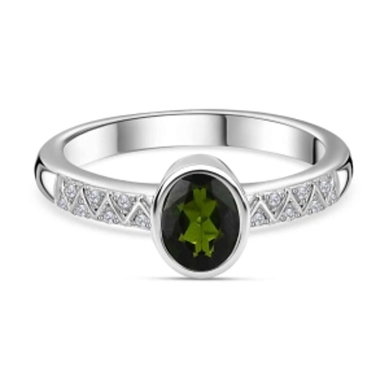 Chrome Diopside and White Zircon 0.90 ctw Ring in Platinum Over Sterling Silver (Size 8)