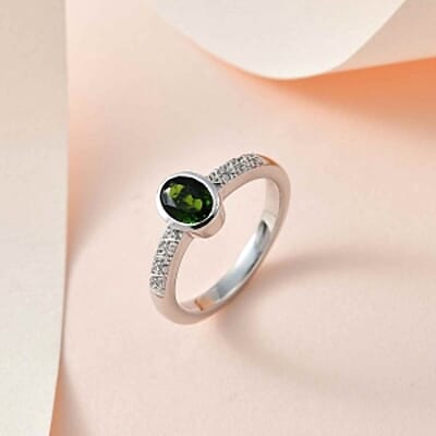 Chrome Diopside and White Zircon 0.90 ctw Ring in Platinum Over Sterling Silver (Size 8)