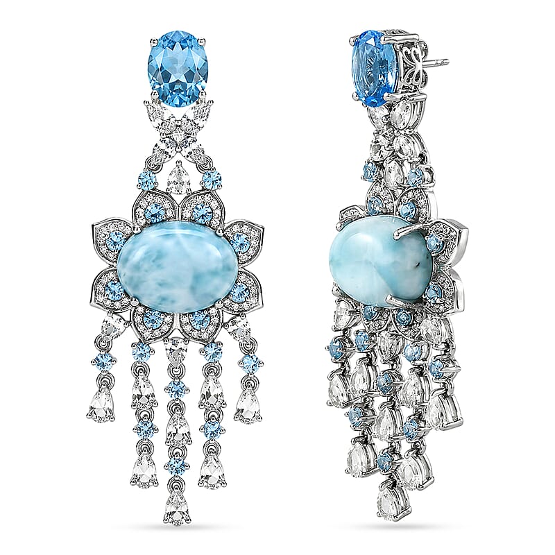 Premium Larimar and Multi Gemstone 65.35 ctw Earrings in Rhodium Over Sterling Silver