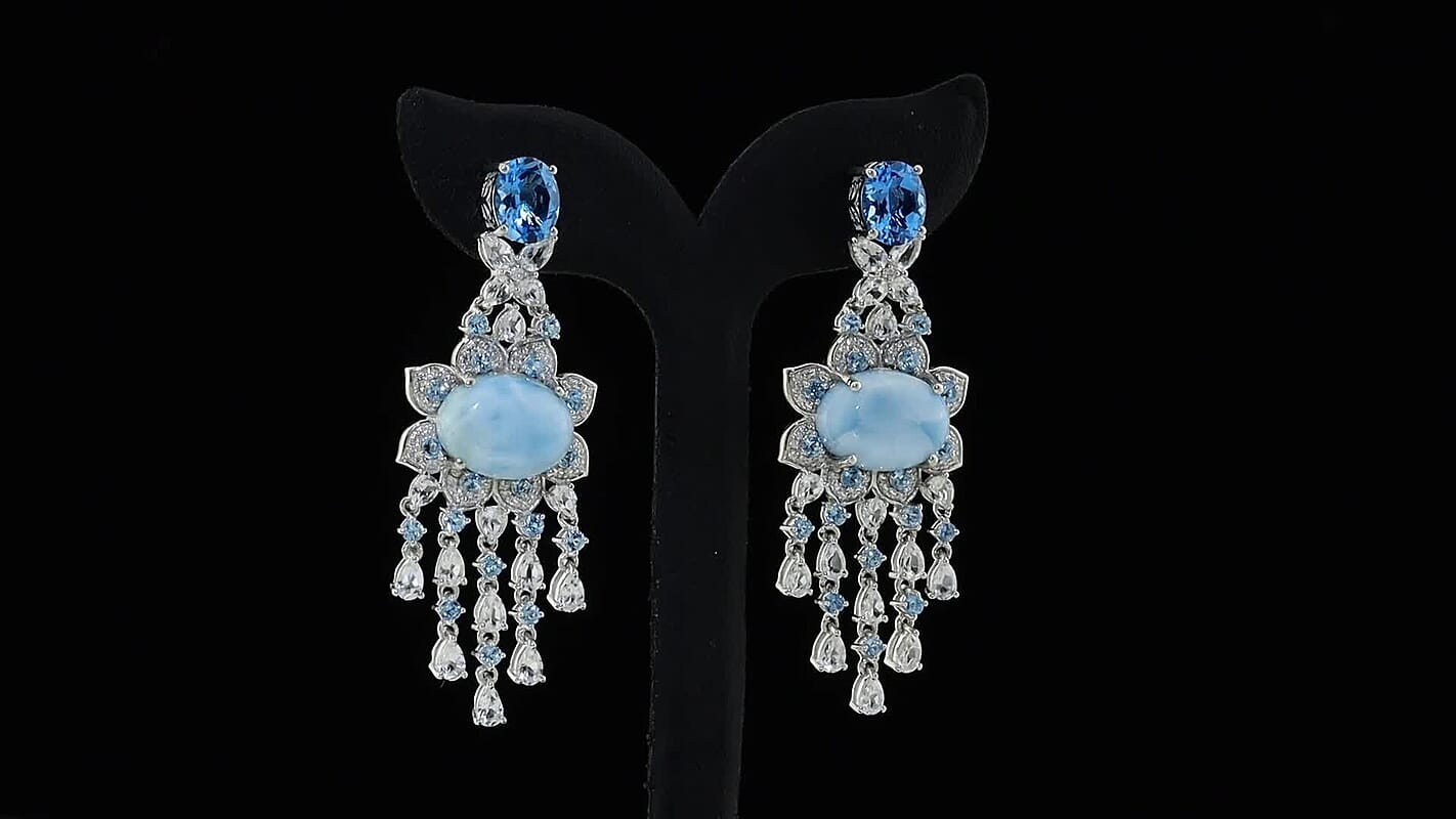 Premium Larimar, Multi Gemstone Earrings in Rhodium Over Sterling Silver 65.35 ctw