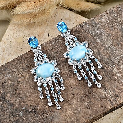 Premium Larimar and Multi Gemstone 65.35 ctw Earrings in Rhodium Over Sterling Silver