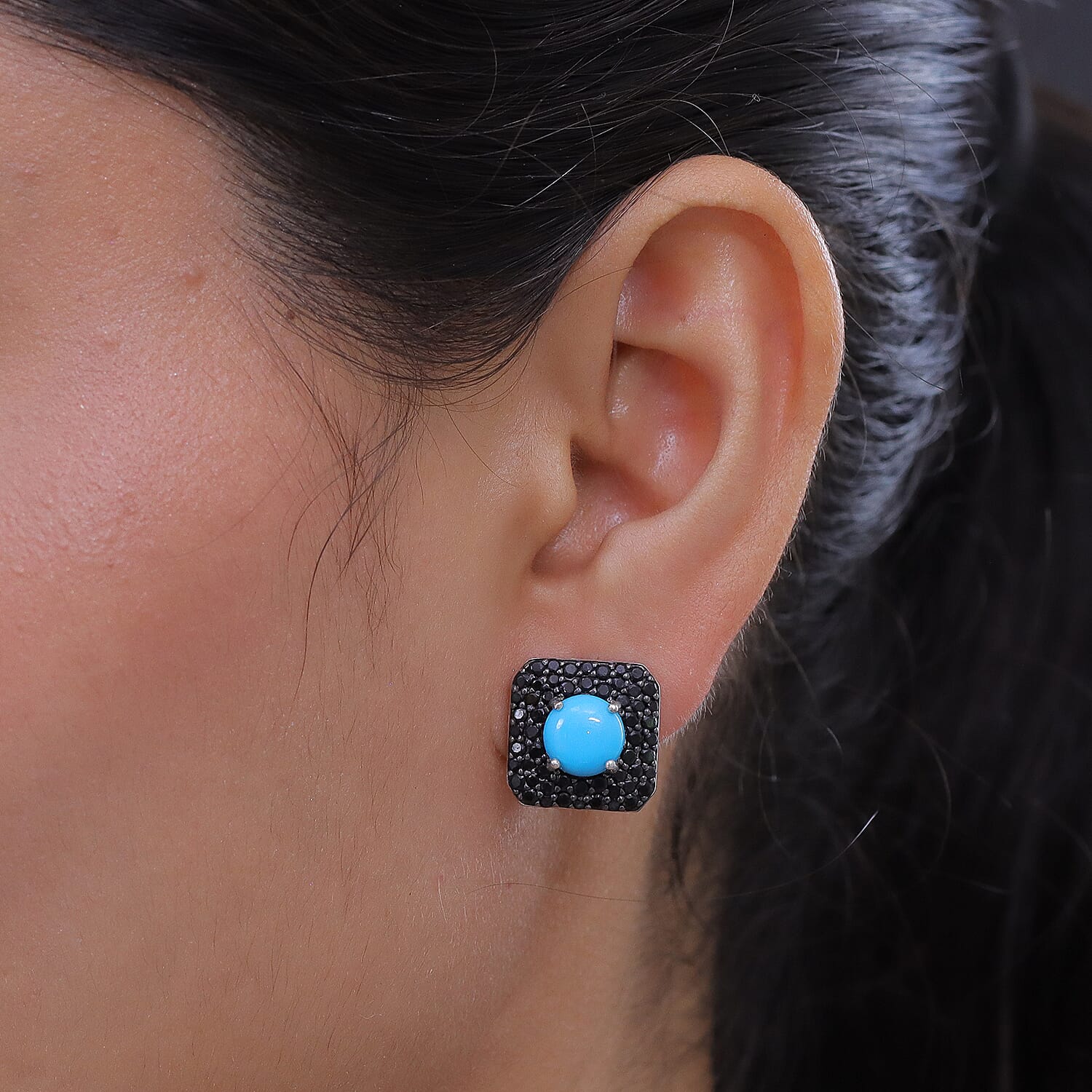 Premium Sleeping Beauty Turquoise and Thai Black Spinel 5.60 ctw Earrings in Rhodium Over Sterling Silver