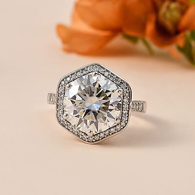 Moissanite Halo Ring in Platinum Over Sterling Silver (Size 10.0) 7.80 ctw