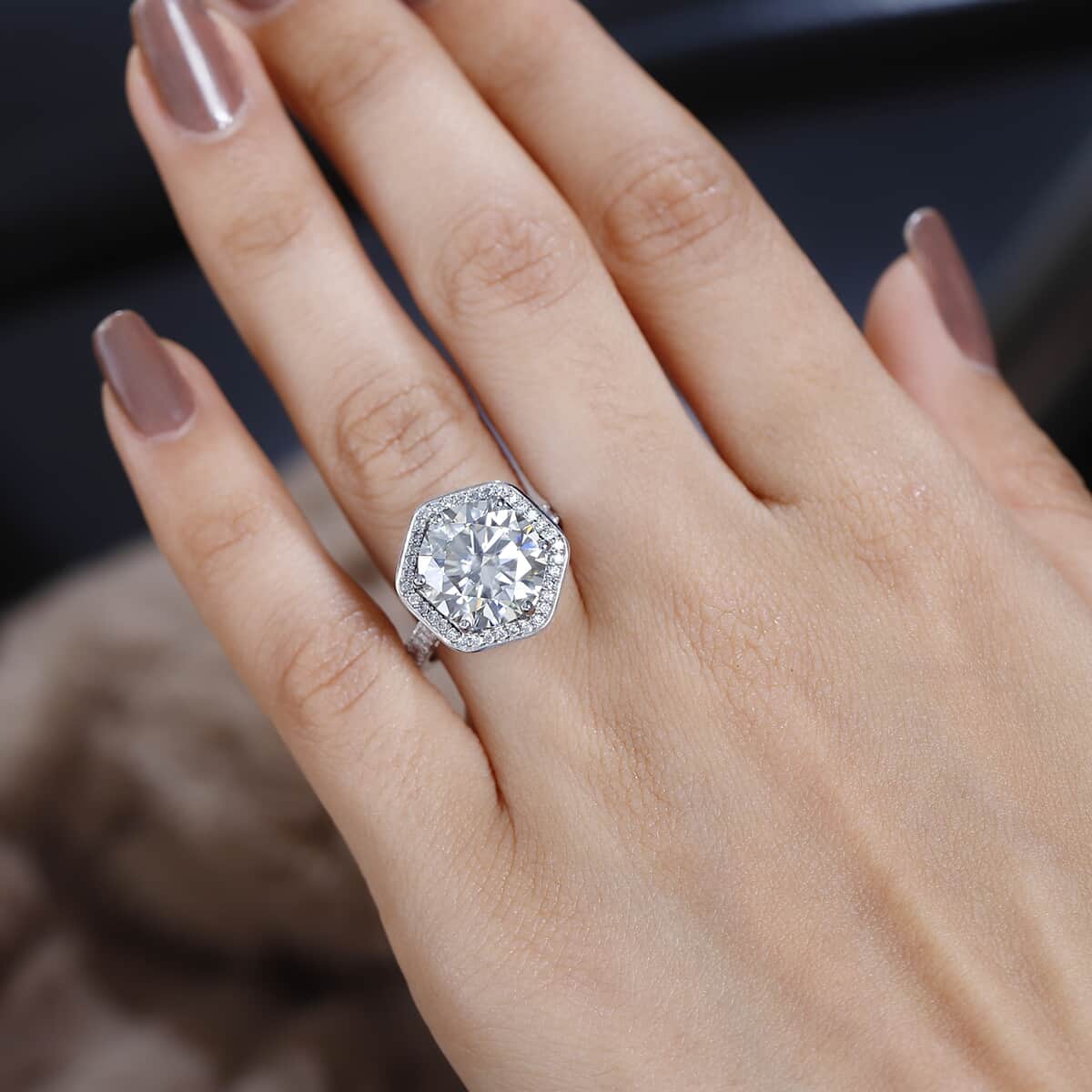 Moissanite Halo Ring in Platinum Over Sterling Silver (Size 10.0) 7.80 ctw image number 3