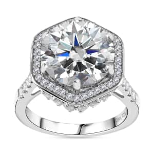 Moissanite Halo Ring in Platinum Over Sterling Silver (Size 7.0) 7.80 ctw