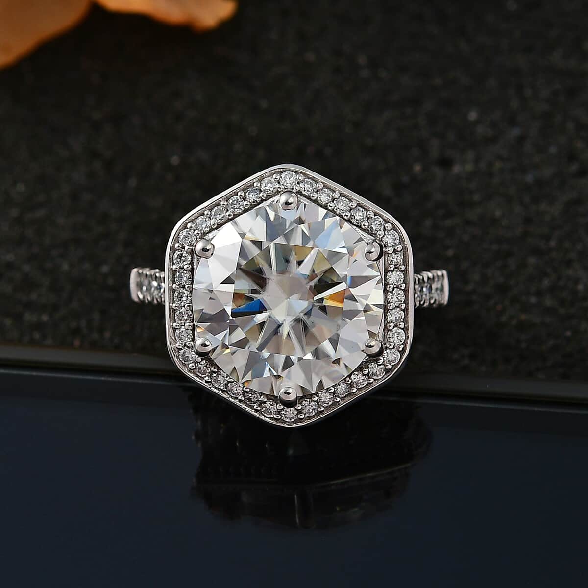 Moissanite Halo Ring in Platinum Over Sterling Silver (Size 7.0) 7.80 ctw image number 2