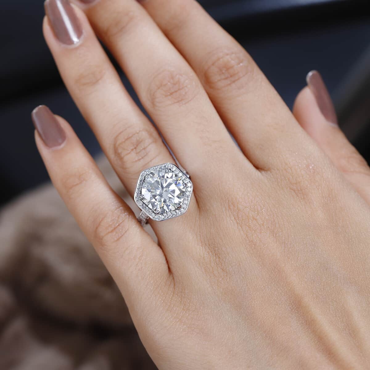 Moissanite Halo Ring in Platinum Over Sterling Silver (Size 7.0) 7.80 ctw image number 3
