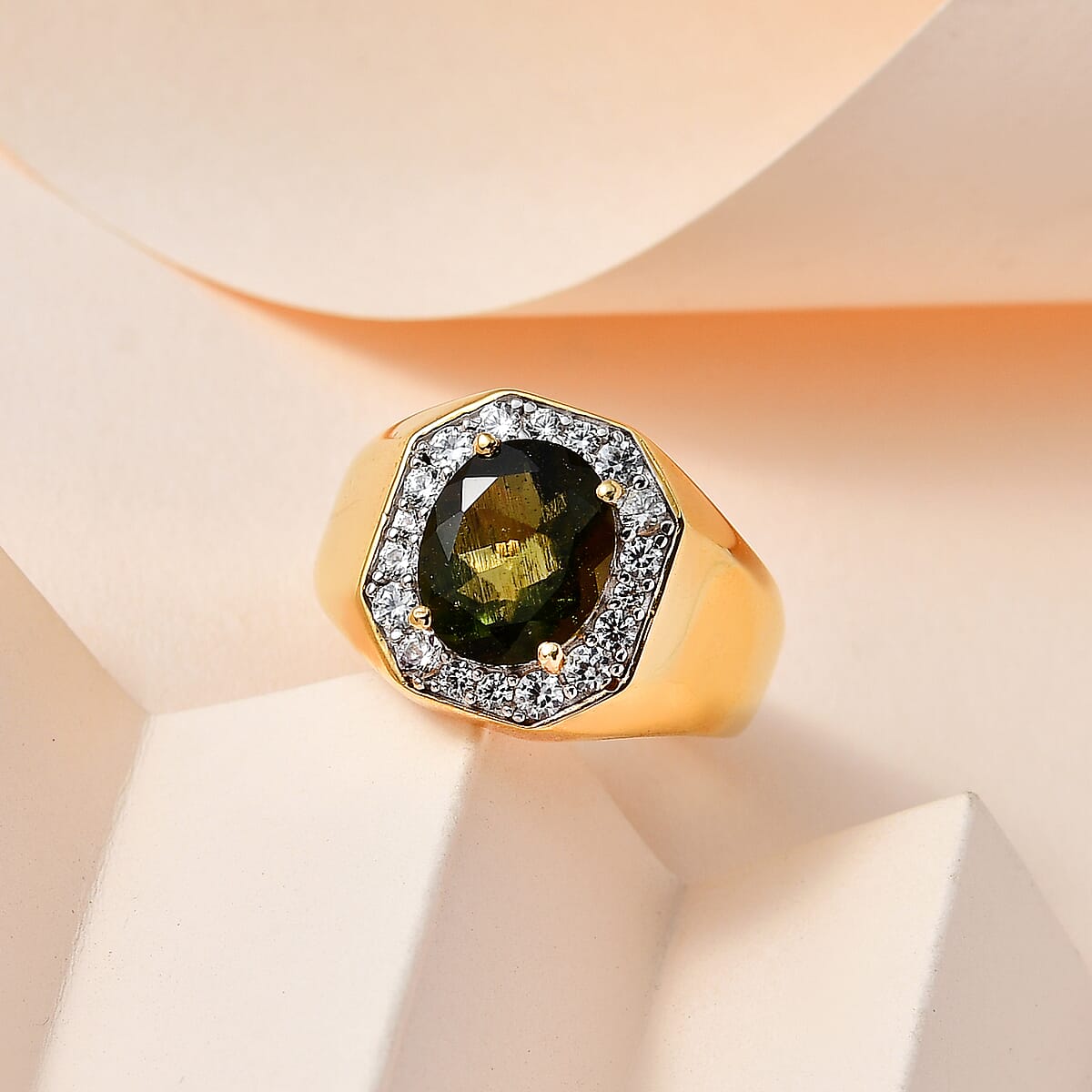 Premium Bohemian Moldavite and White Zircon 4.00 ctw Men's Ring in Vermeil Yellow Gold Over Sterling Silver (Size 14.0) image number 1