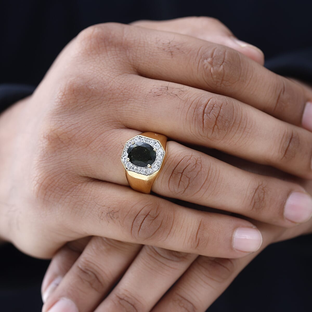 Premium Bohemian Moldavite and White Zircon 4.00 ctw Men's Ring in Vermeil Yellow Gold Over Sterling Silver (Size 14.0) image number 2