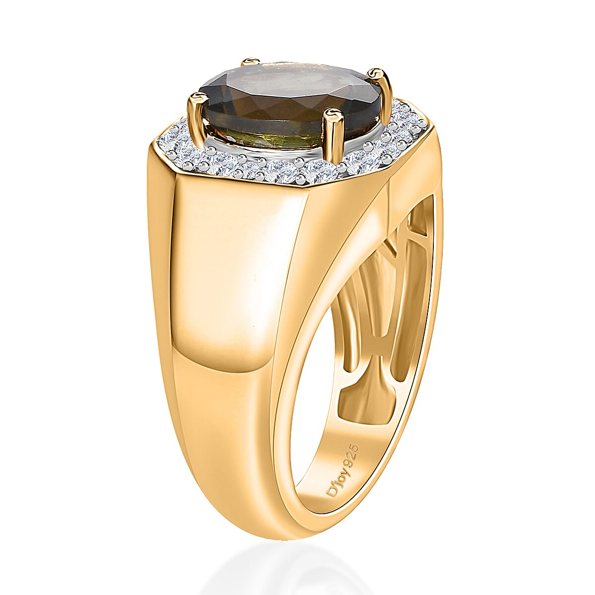 Premium Bohemian Moldavite and White Zircon 4.00 ctw Men's Ring in Vermeil Yellow Gold Over Sterling Silver (Size 14.0) image number 3