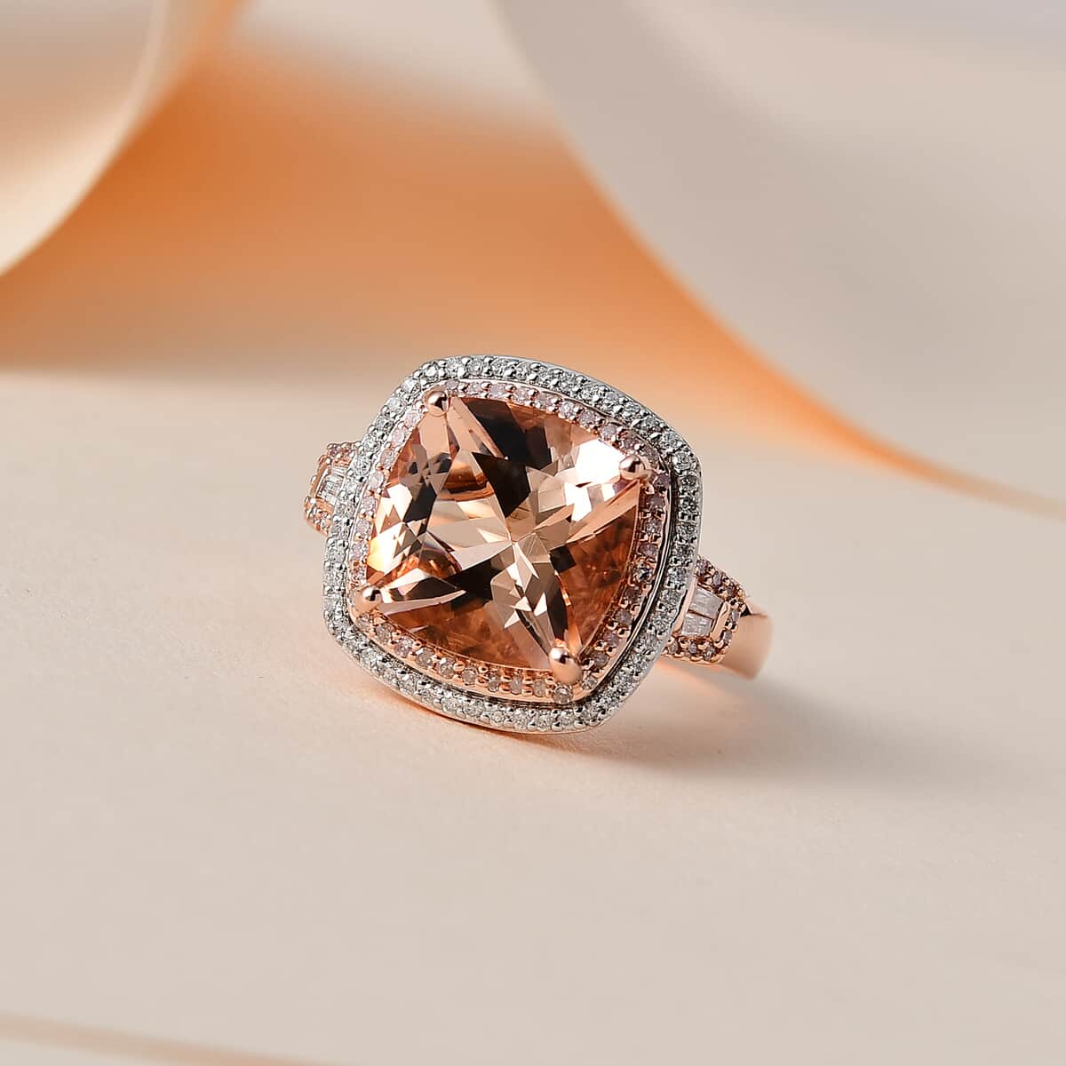 Luxoro 14K Rose Gold AAA Marropino Morganite, Natural Pink and White Diamond I2-I3 Double Halo Ring (Size 6.0) 5.90 Grams 6.85 ctw image number 1