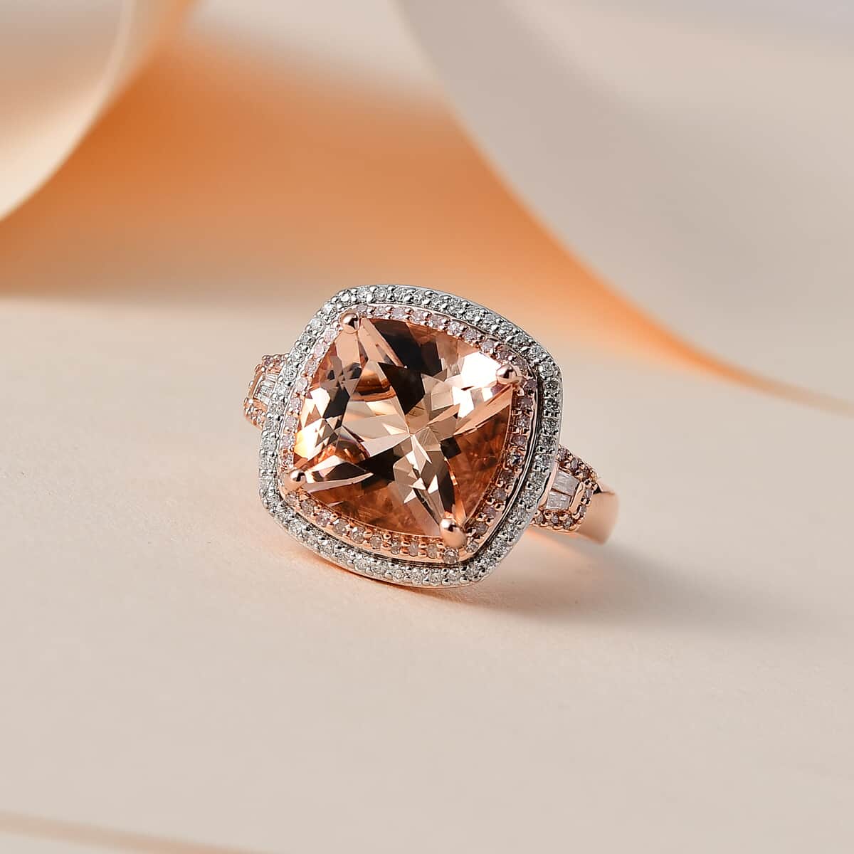 Luxoro 14K Rose Gold AAA Marropino Morganite, Natural Pink and White Diamond I2-I3 Double Halo Ring (Size 7.0) 5.90 Grams 6.85 ctw image number 1