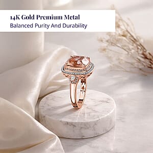 Luxoro 14K Rose Gold AAA Marropino Morganite, Natural Pink and White Diamond I2-I3 Double Halo Ring (Size 8.0) 5.90 Grams 6.85 ctw