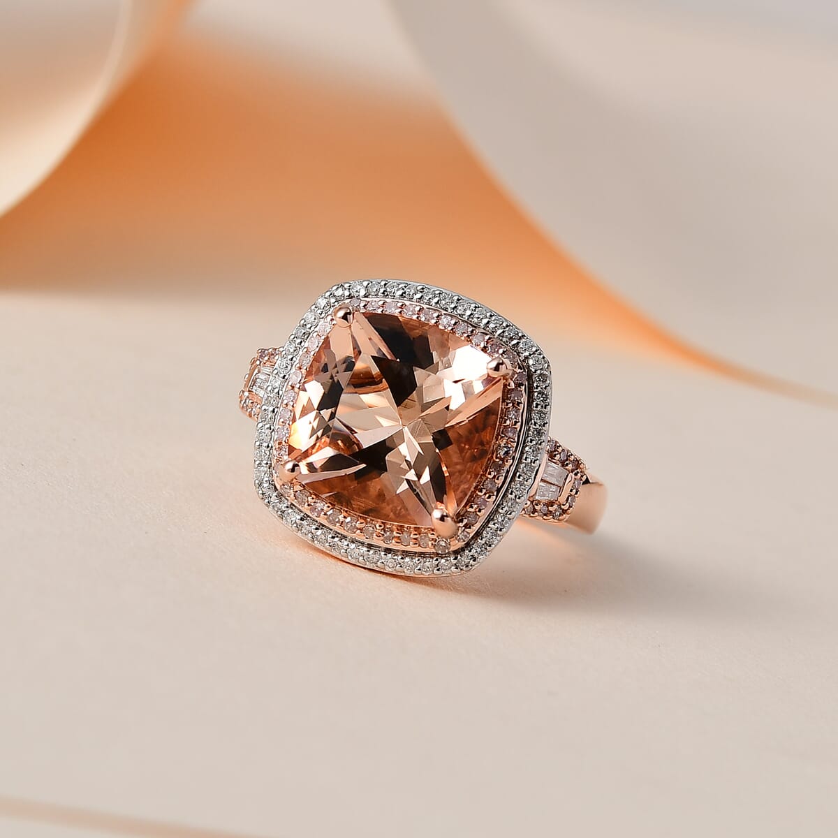 Luxoro 14K Rose Gold AAA Marropino Morganite, Natural Pink and White Diamond I2-I3 Double Halo Ring (Size 10.0) 5.90 Grams 6.85 ctw image number 1
