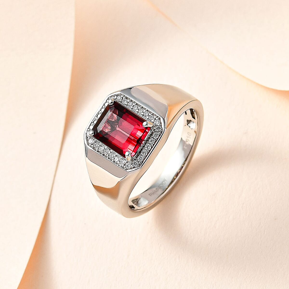 Rhapsody AAAA Ouro Fino Rubellite and E-F VS Diamond 2.64 ctw Men's Ring in 950 Platinum (Size 10.0) 9.70 Grams image number 1