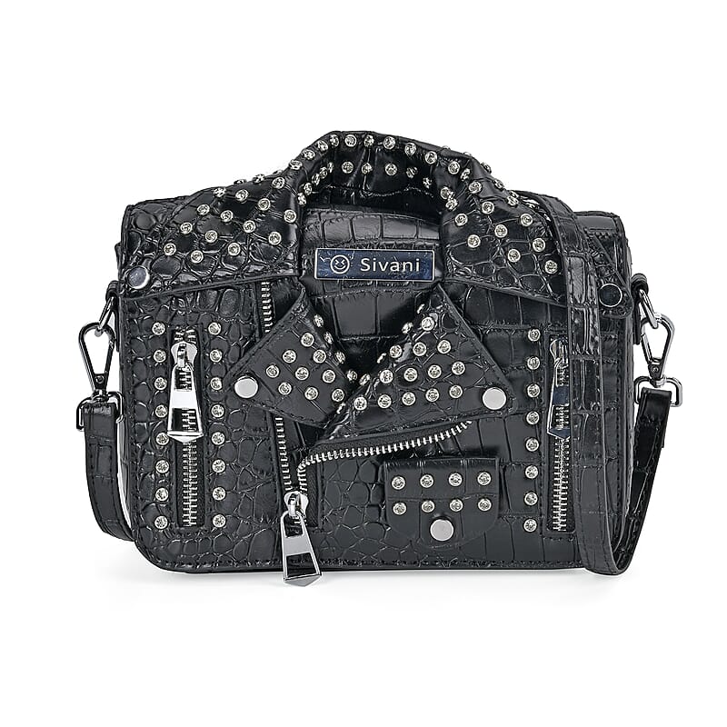 Sivani Black Crocodile Embossed Faux Leather Crossbody Jacket Bag with Detachable Shoulder Strap