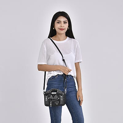 Sivani Black Crocodile Embossed Faux Leather Crossbody Jacket Bag with Detachable Shoulder Strap