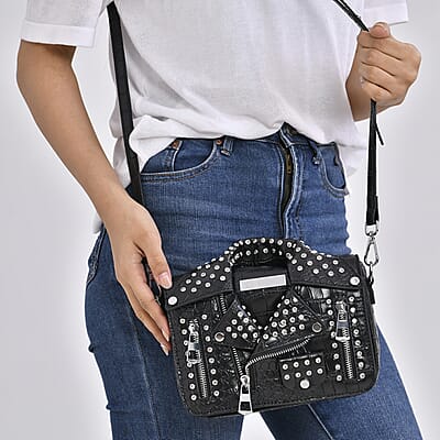 Sivani Black Crocodile Embossed Faux Leather Crossbody Jacket Bag with Detachable Shoulder Strap