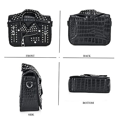 Sivani Black Crocodile Embossed Faux Leather Crossbody Jacket Bag with Detachable Shoulder Strap