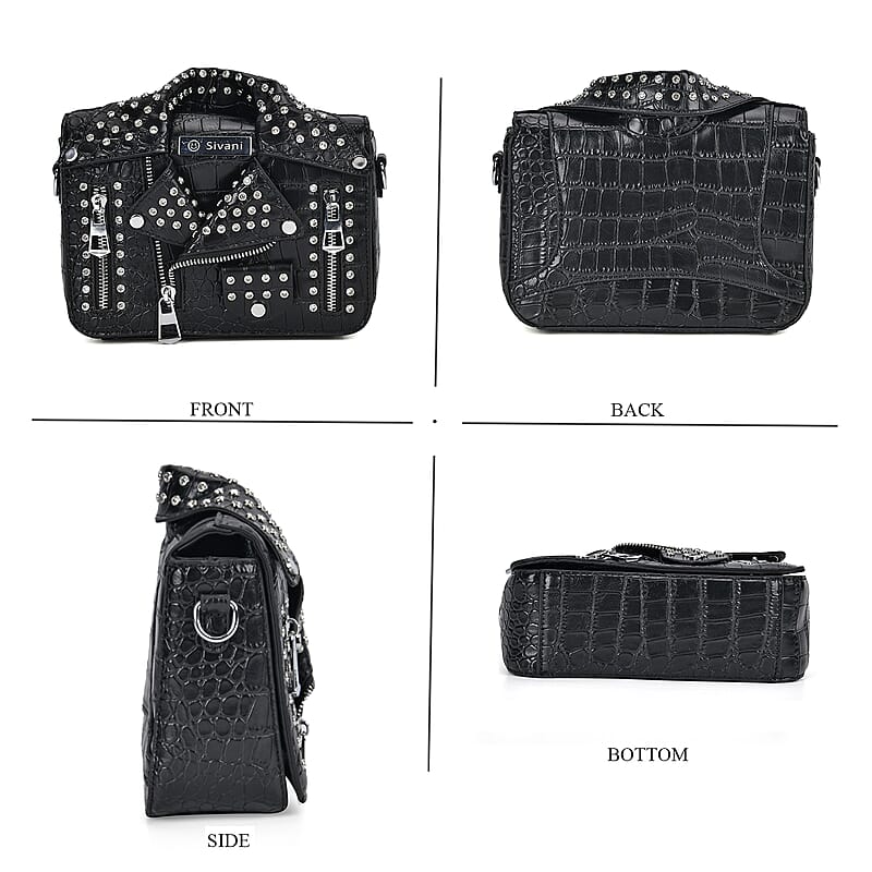 Sivani Black Crocodile Embossed Faux Leather Crossbody Jacket Bag with Detachable Shoulder Strap