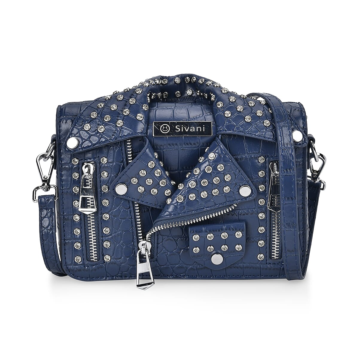 Sivani Navy Crocodile Embossed Faux Leather Crossbody Jacket Bag with Detachable Shoulder Strap image number 0