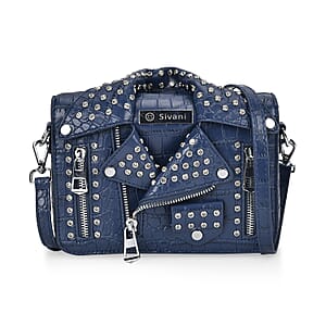 Sivani Navy Crocodile Embossed Faux Leather Crossbody Jacket Bag with Detachable Shoulder Strap