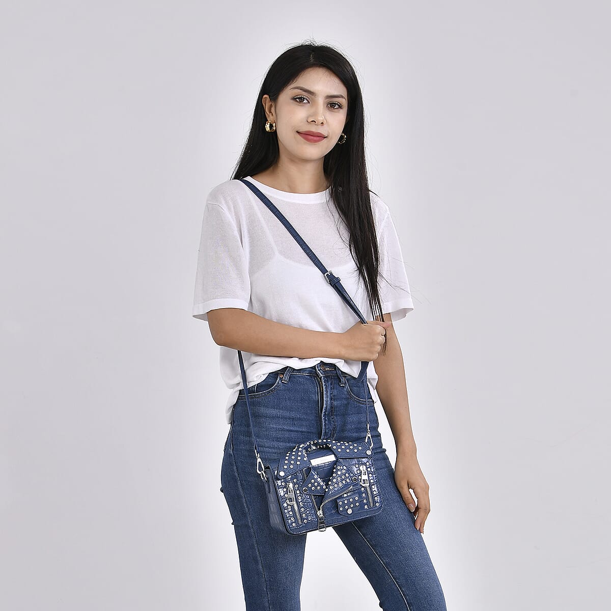 Sivani Navy Crocodile Embossed Faux Leather Crossbody Jacket Bag with Detachable Shoulder Strap image number 1