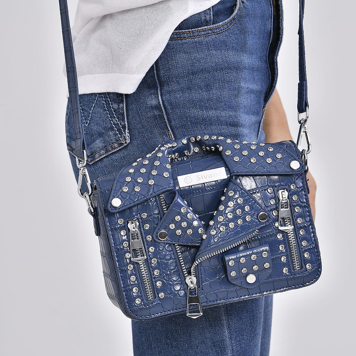 Sivani Navy Crocodile Embossed Faux Leather Crossbody Jacket Bag with Detachable Shoulder Strap image number 2