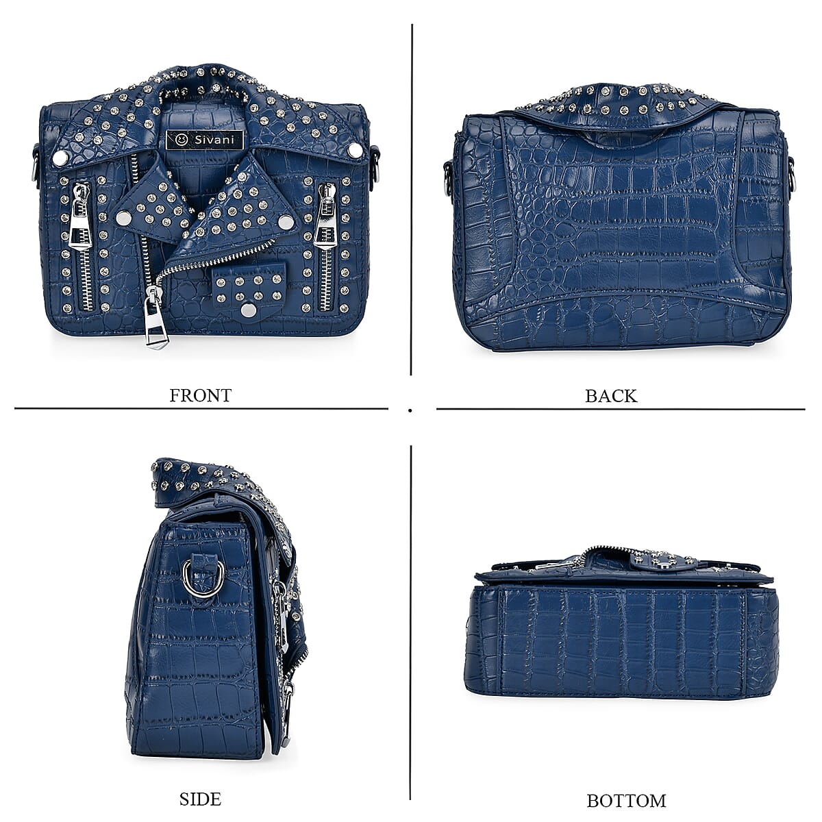 Sivani Navy Crocodile Embossed Faux Leather Crossbody Jacket Bag with Detachable Shoulder Strap image number 3