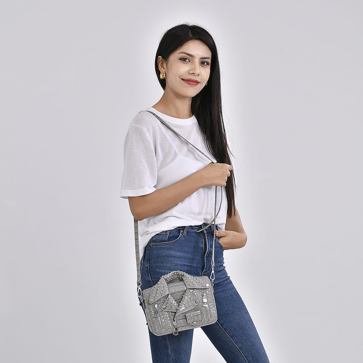 Sivani Gray Crocodile Embossed Faux Leather Crossbody Jacket Bag with Detachable Shoulder Strap image number 1