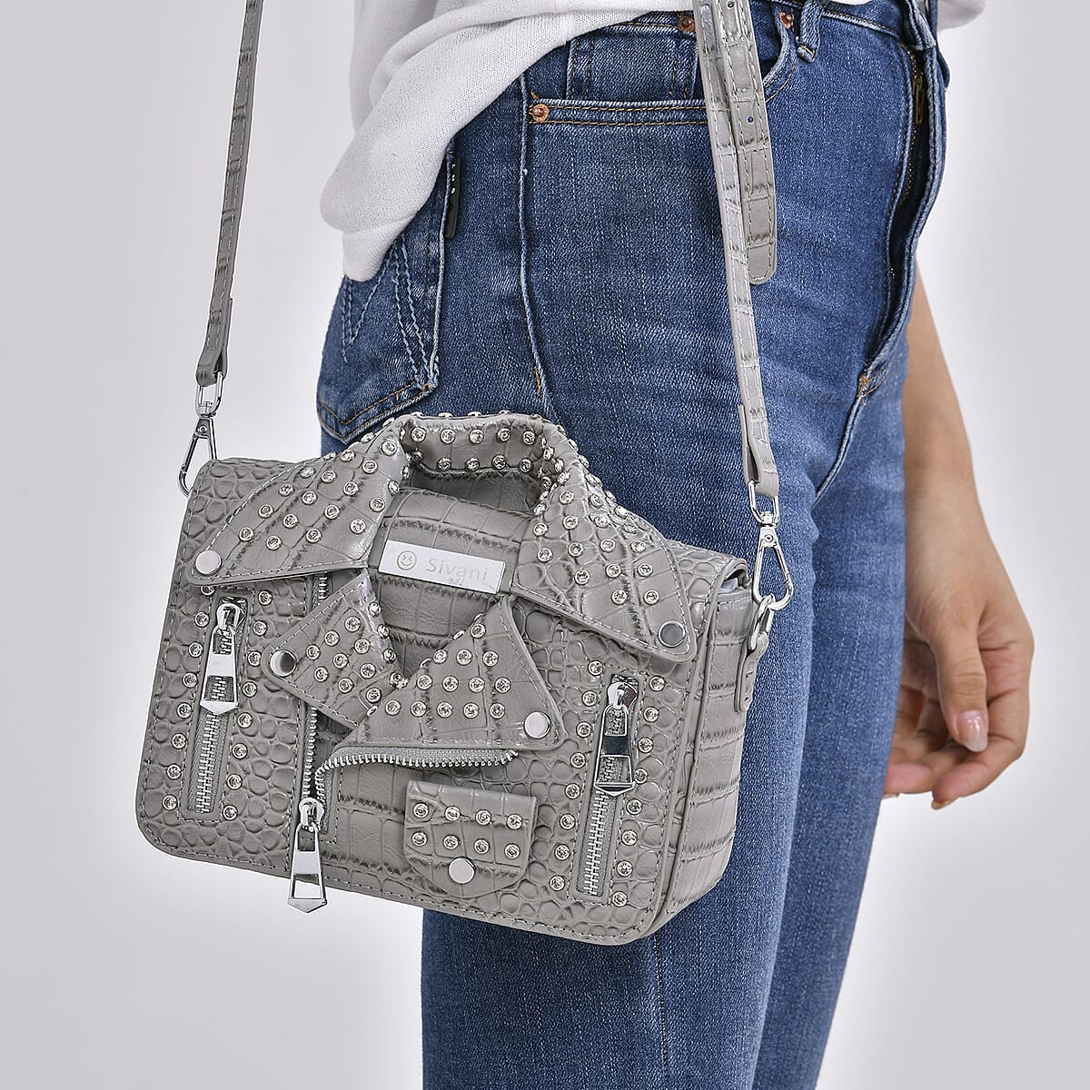 Sivani Gray Crocodile Embossed Faux Leather Crossbody Jacket Bag with Detachable Shoulder Strap image number 2