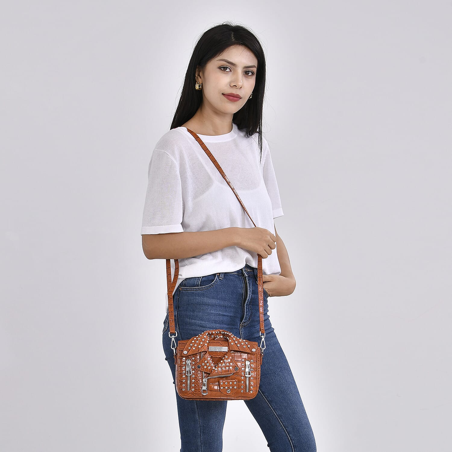 Buy Sivani Brown Crocodile Embossed Faux Leather Crossbody Jacket