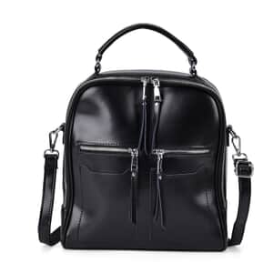 Black Genuine Leather Backpack with Crossbody Strap