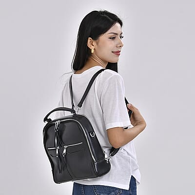 Black Genuine Leather Backpack with Crossbody Strap