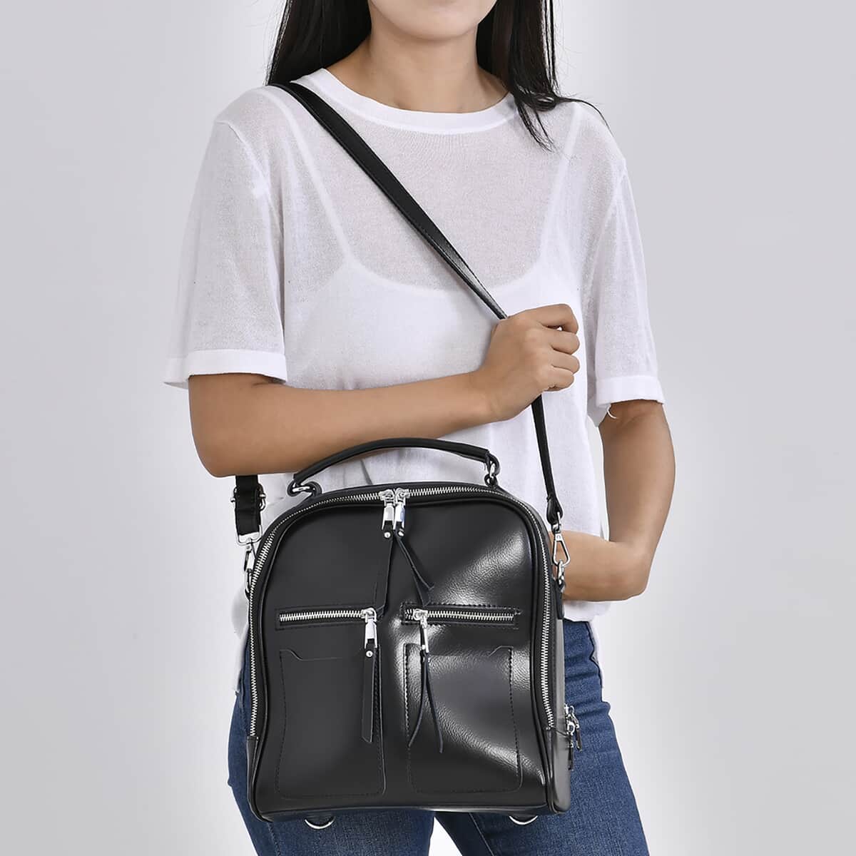 Black Genuine Leather Backpack with Crossbody Strap image number 2