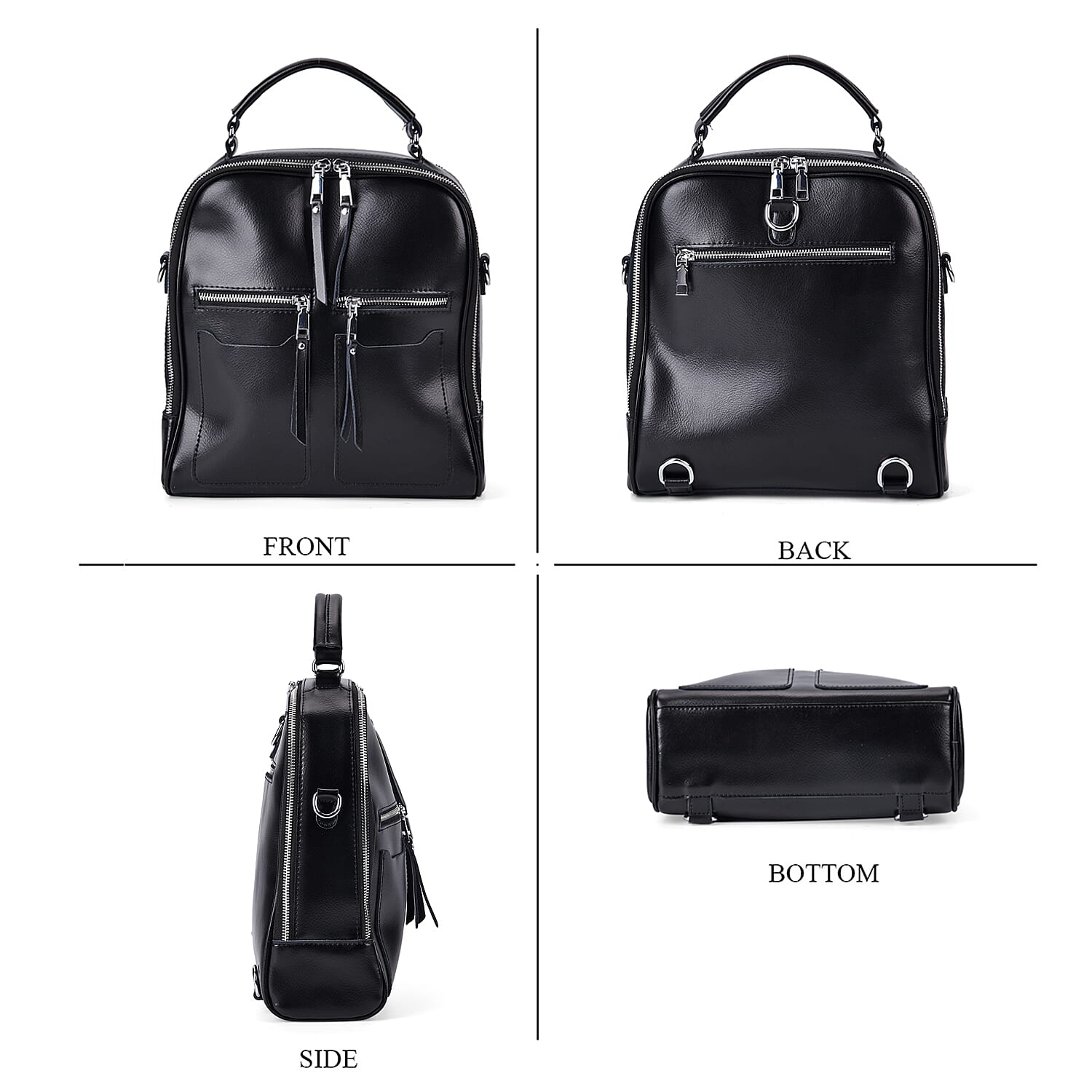 Black Genuine Leather Backpack with Crossbody Strap