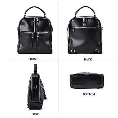 Black Genuine Leather Backpack with Crossbody Strap