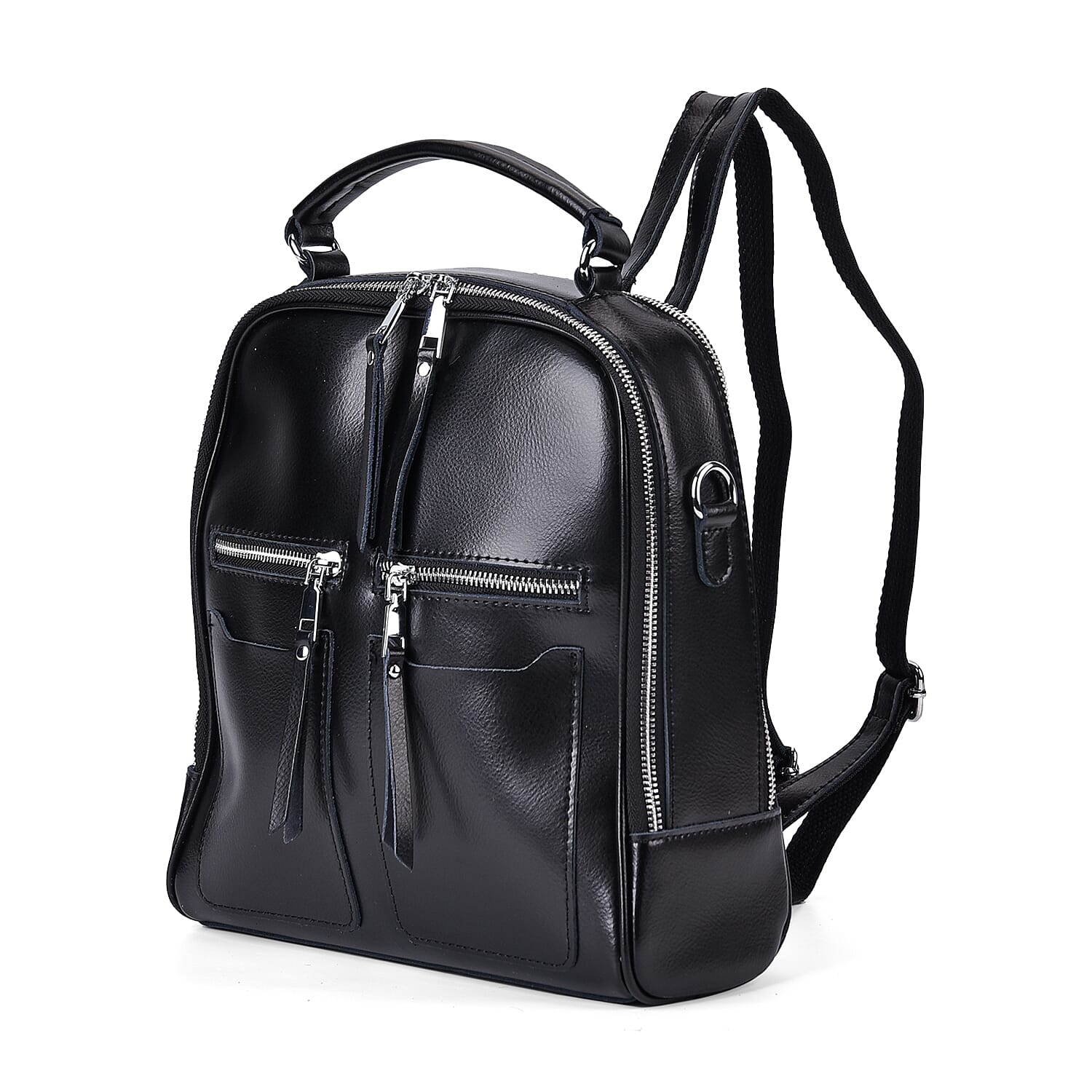 Black Genuine Leather Backpack with Crossbody Strap