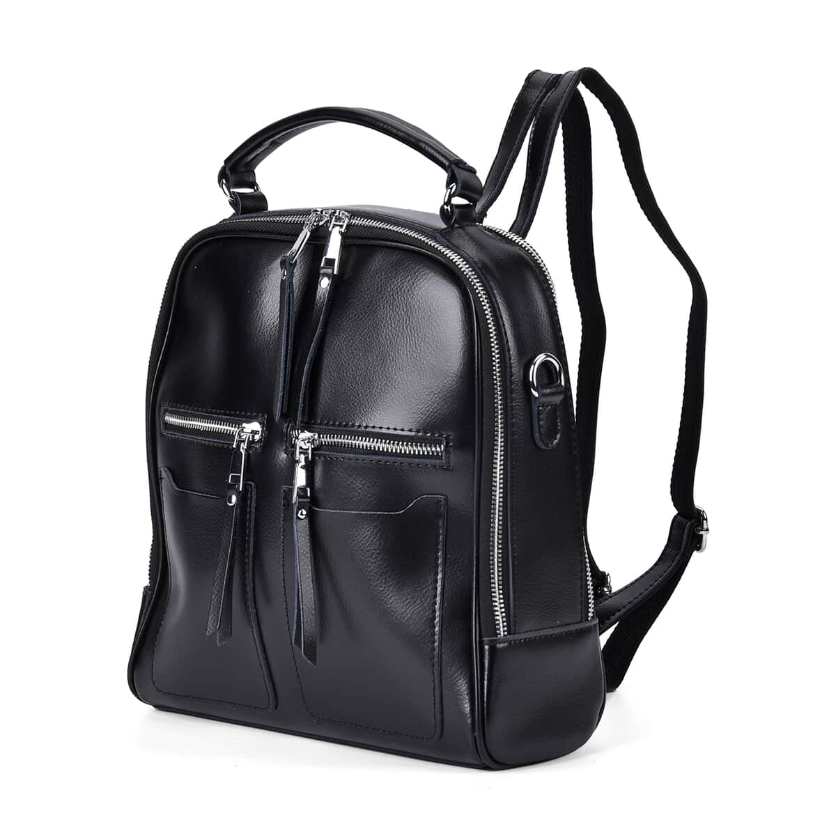 Black Genuine Leather Backpack (10.6"x3.1"x9.84") with Crossbody Strap image number 4